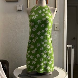 Green floral, knitted mini dress.